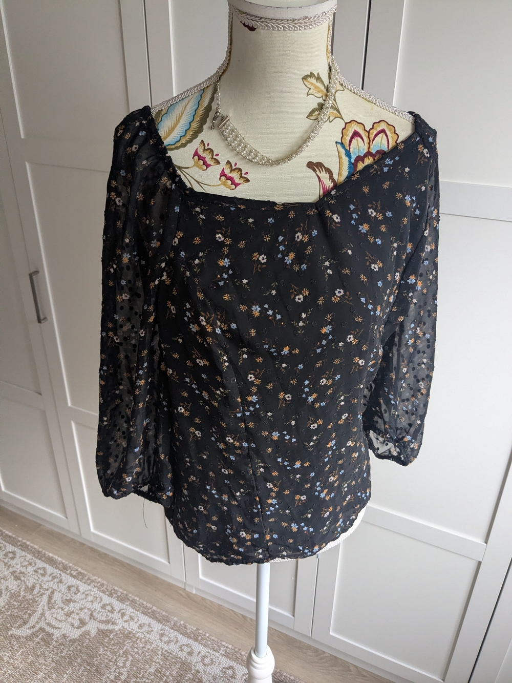 Addition Elle Black Floral Sheer Blouse with small Blue and Tan Accents